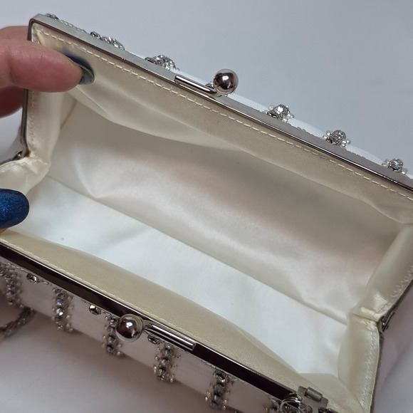 White Satin Vintage Beaded Clutch Evening Bag Rhinestone Formal Chain strap Rare